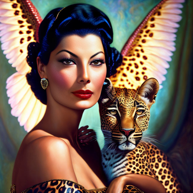 Digital artwork: Woman's face melded with leopard, vibrant butterfly backdrop