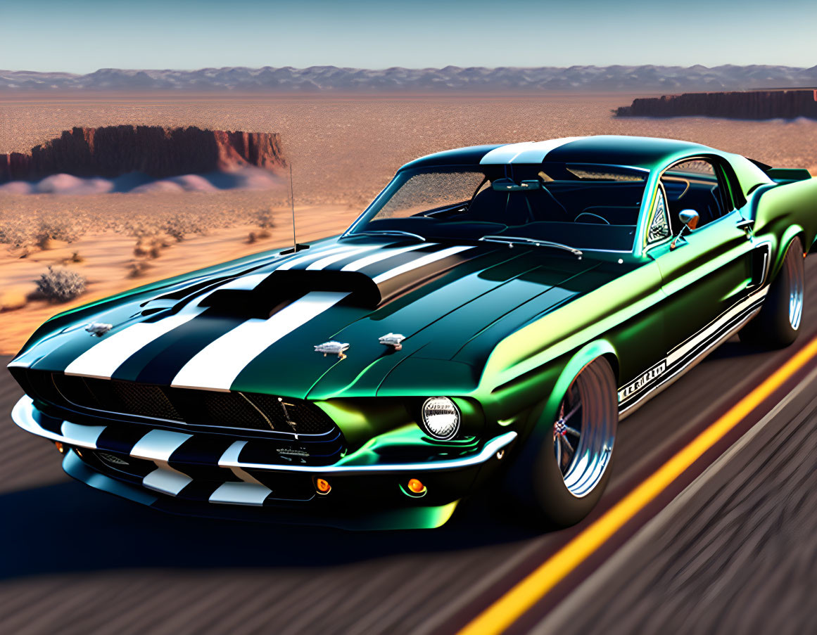 Glossy green vintage Mustang with white racing stripes on desert highway