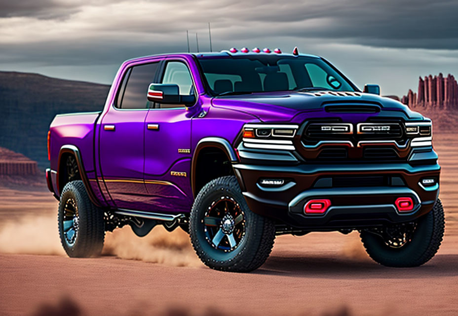 Shiny purple pickup truck on desert road with rocky backdrop