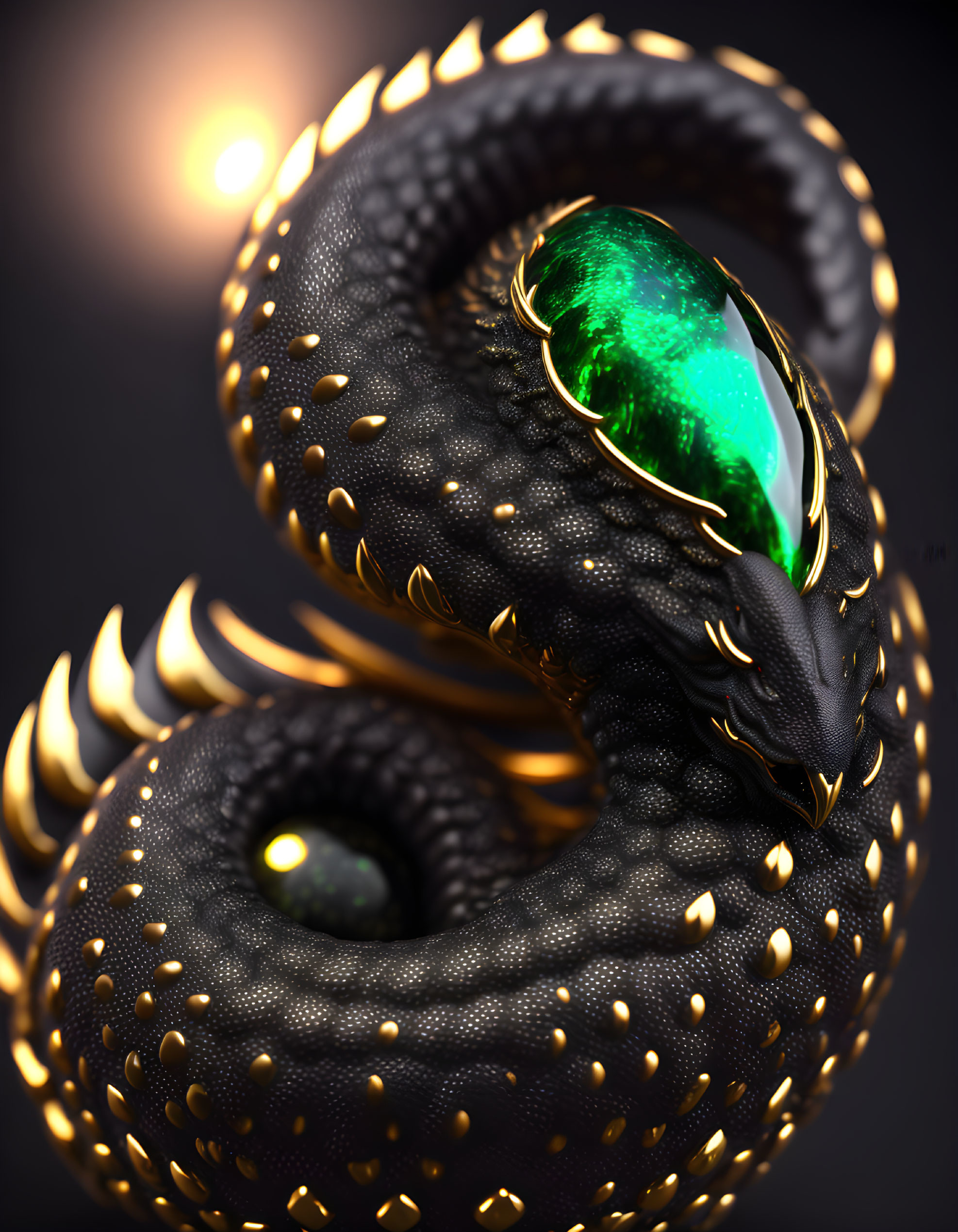 Dark Coiled Dragon with Glowing Green Eyes and Golden Spikes in 3D Render