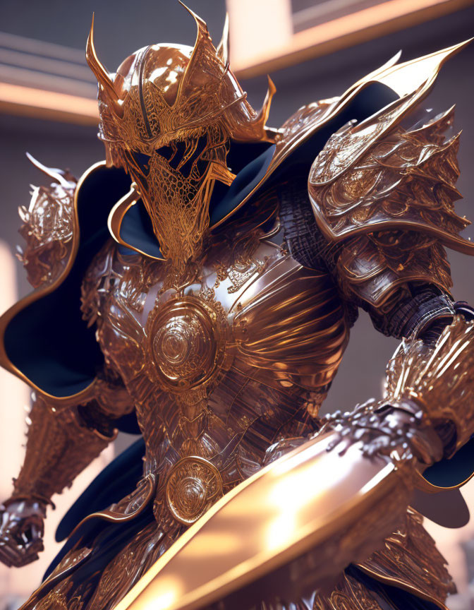 Armored knight with horned helmet and gold armor in 3D rendering