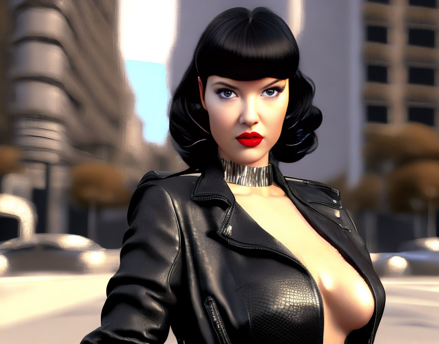 Stylized 3D illustration of woman with blue eyes and bob haircut in black leather jacket