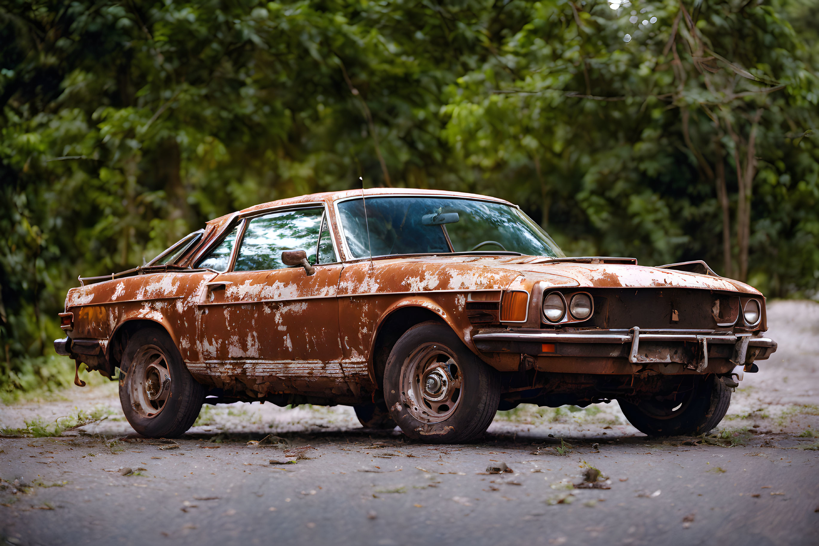 Rusted abandoned car with missing wheel in forest landscape