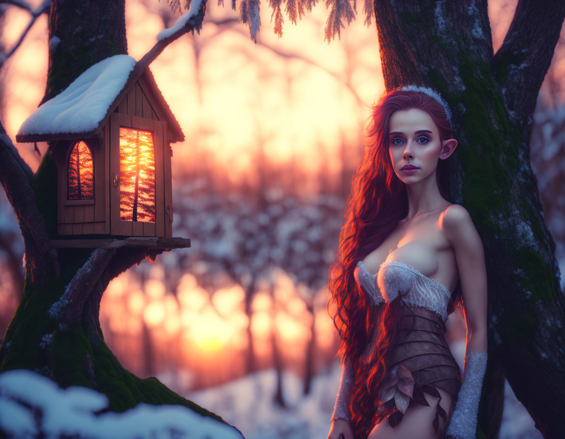 Long-haired woman by snow-covered tree and cozy birdhouse in winter forest sunset