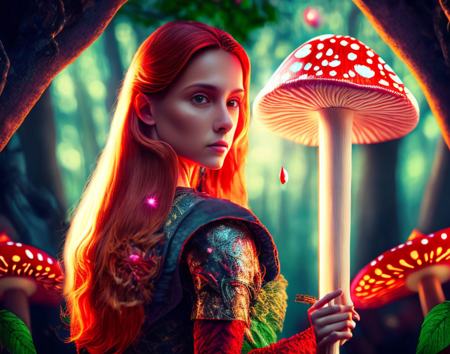 Red-haired woman in armor among oversized glowing mushrooms in a fantastical forest
