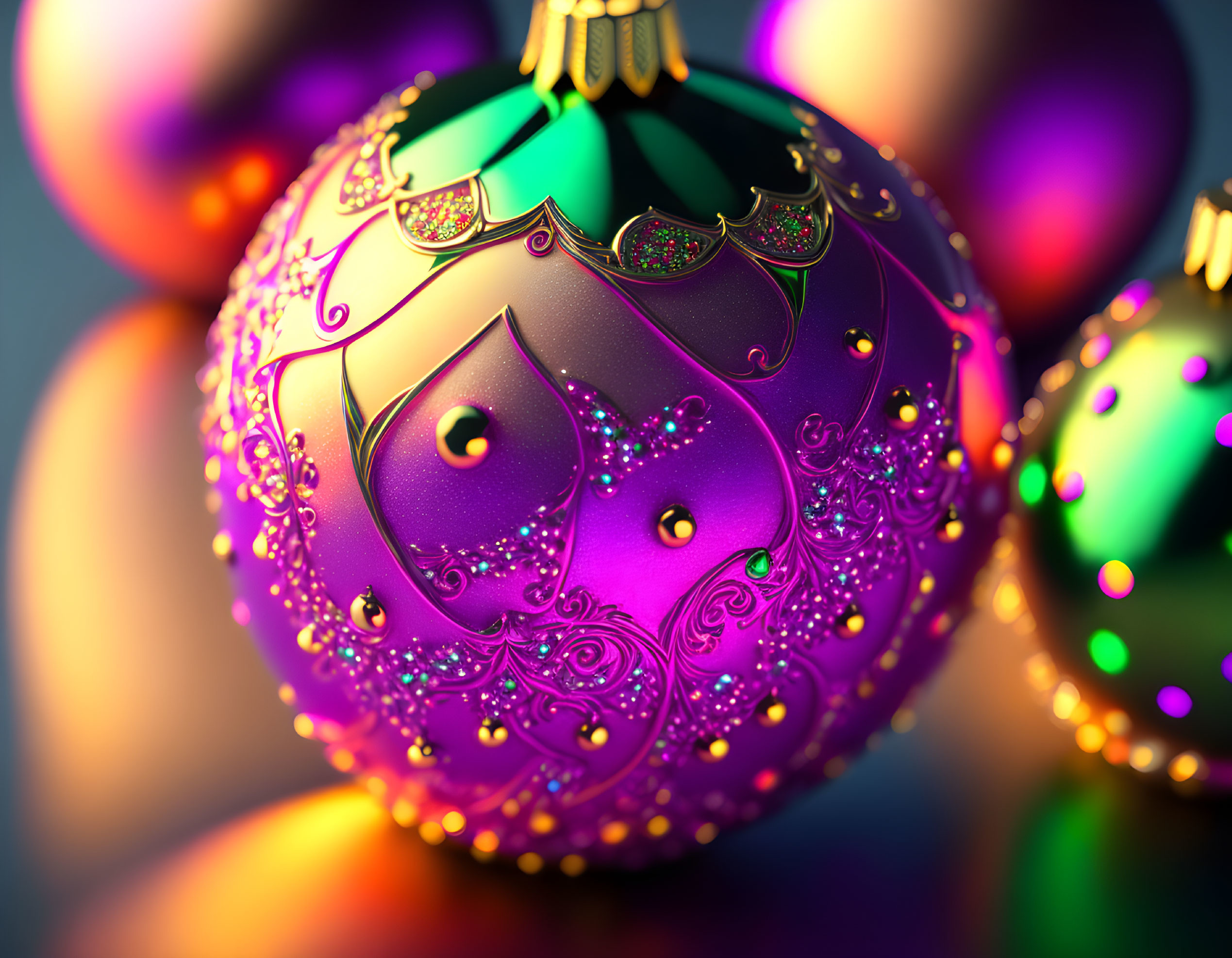 Detailed Purple Christmas Ornament with Gold and Green Patterns