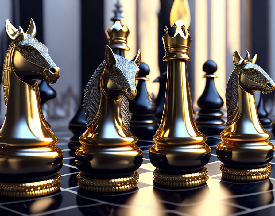 Elegant Gold and Black Chess Set with Prominent Knights