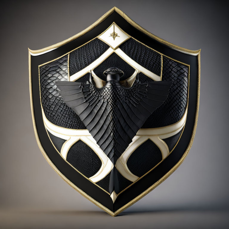 Stylized 3D rendering of black and gold shield with eagle motif and star emblem