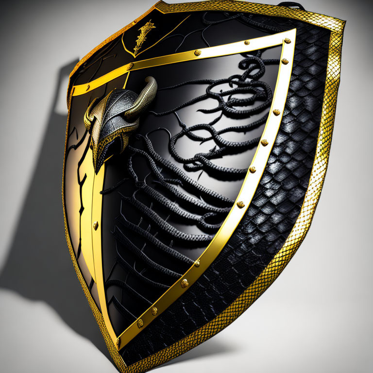 Stylized black shield with gold trim and 3D snake design