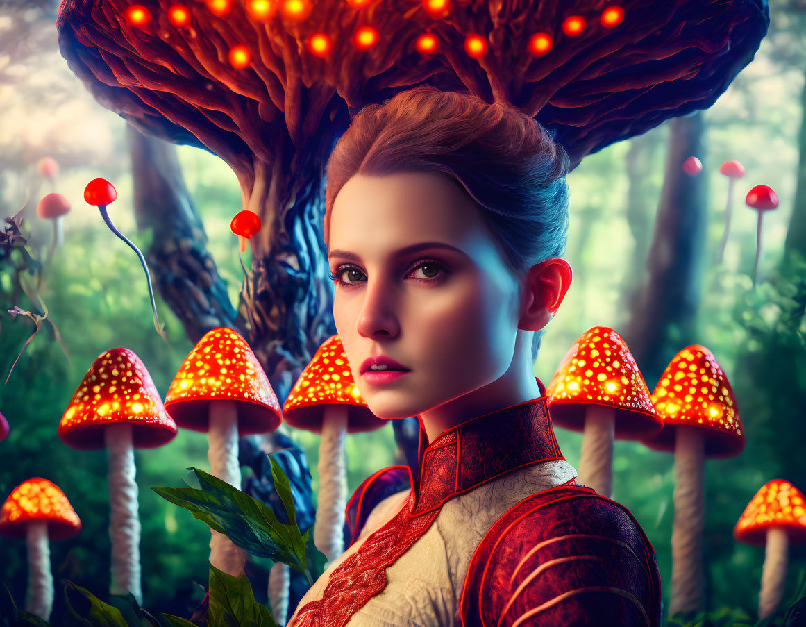Woman with Blue Eyes in Red Outfit Among Glowing Mushrooms