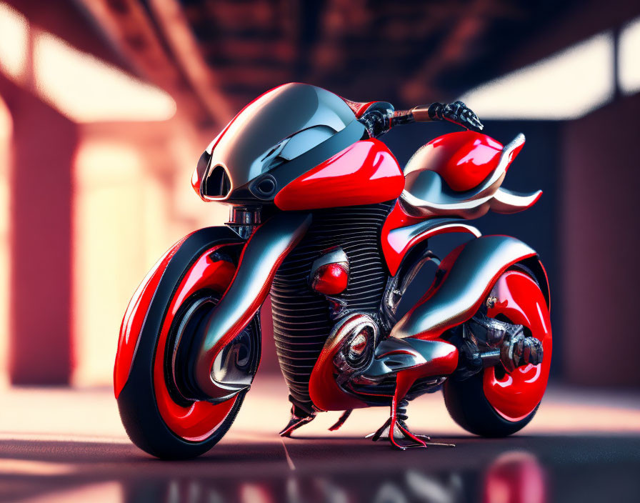 Sleek Red Futuristic Motorcycle with Enclosed Wheels and Matching Helmet