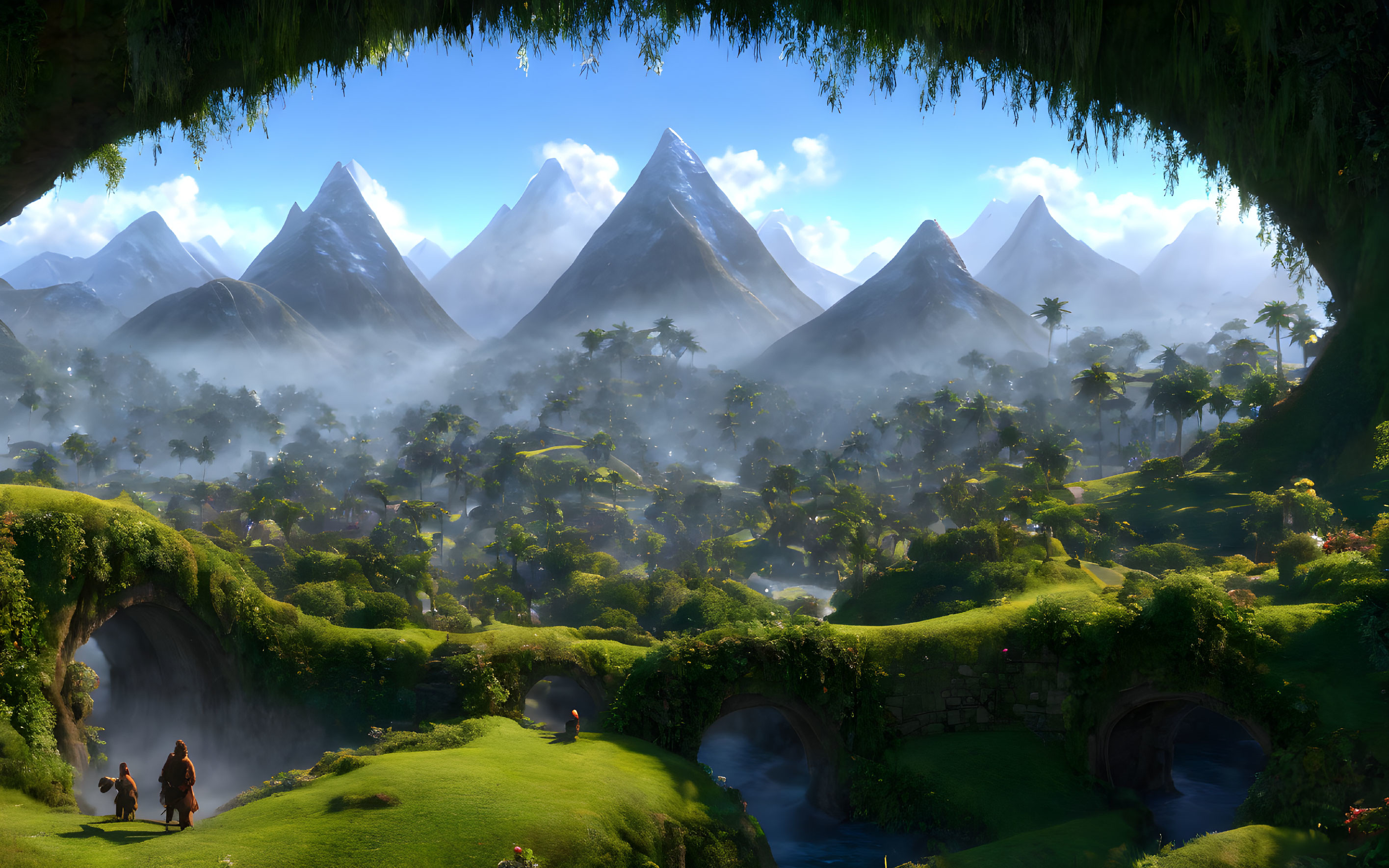 Fantastical landscape with lush greenery, misty mountains, characters by bridge