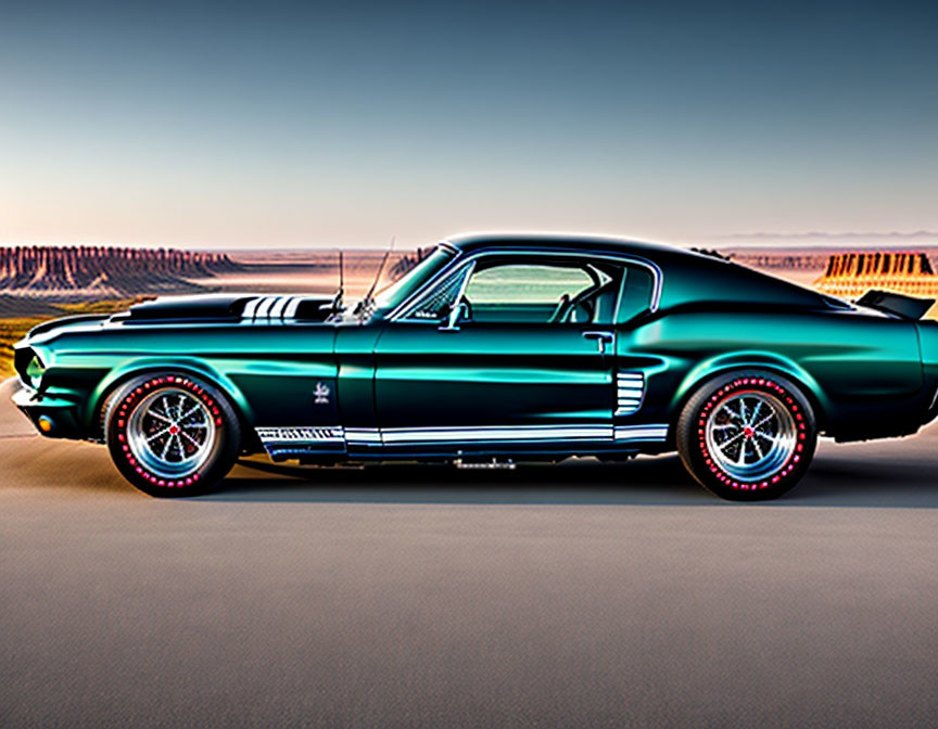 Classic Blue Ford Mustang with Racing Stripes in Desert Dusk