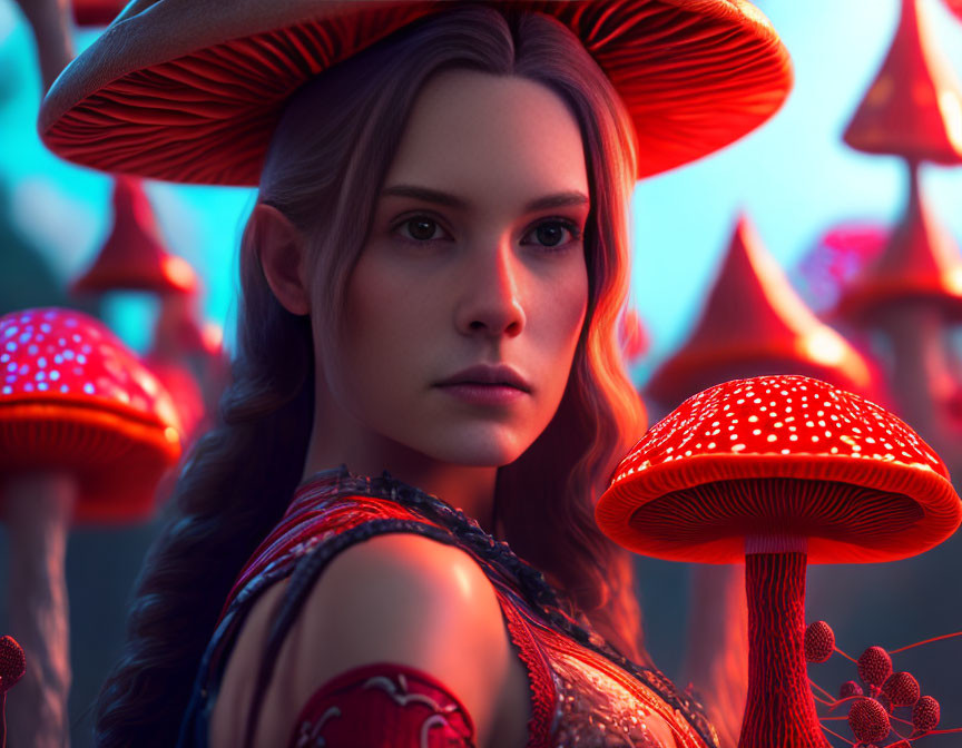 Fantastical female figure with mushroom-like features in surreal environment