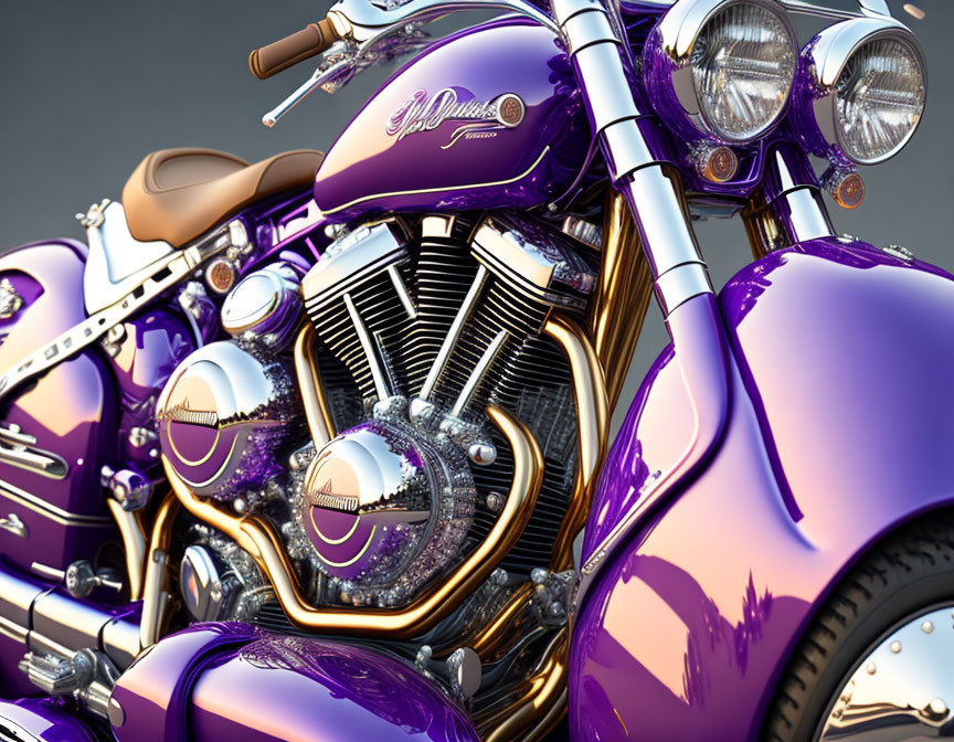 Purple Motorcycle Close-Up: Shiny Chrome Engine, Double Headlights, Embossed Branding