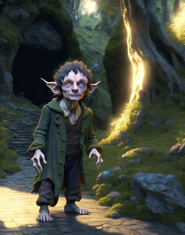 CG image: Troll-like creature with large ears and long nose in forest clearing with cave entrance and magical