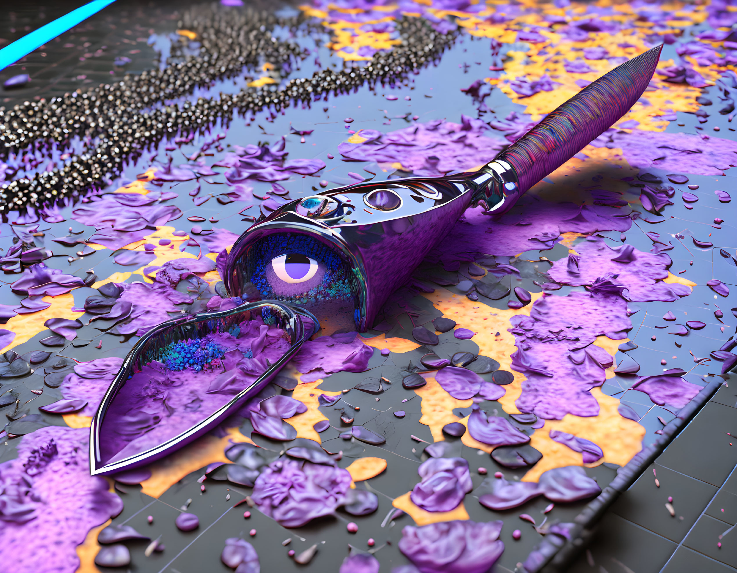 Colorful 3D Knife Render with Eye Design on Reflective Surface