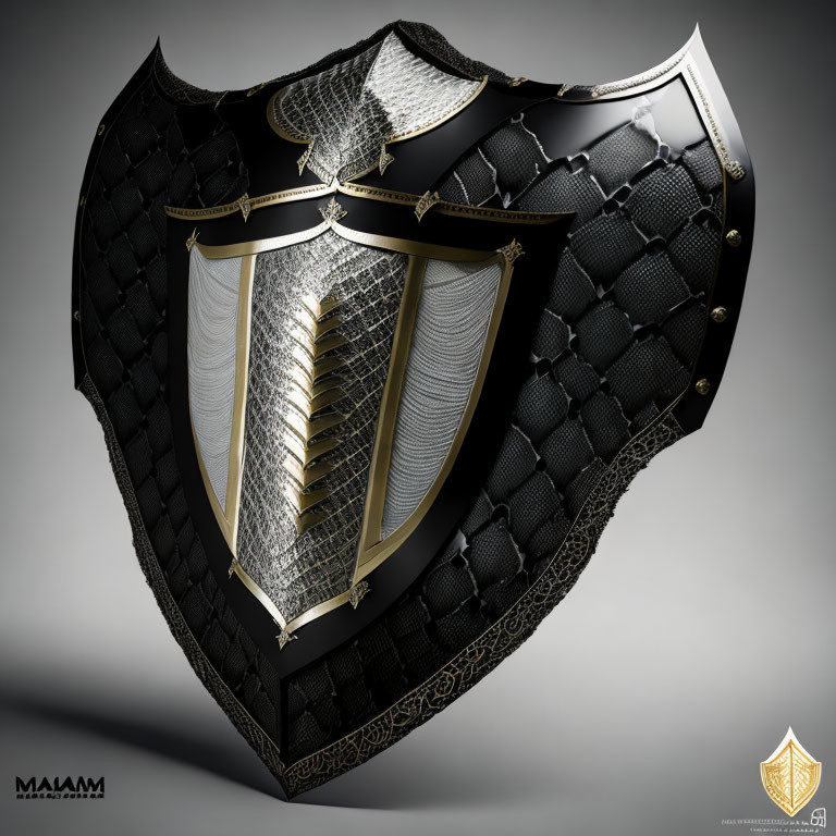 Hexagonal Patterned 3D Shield with Metallic Accents and Golden Winged Emblem