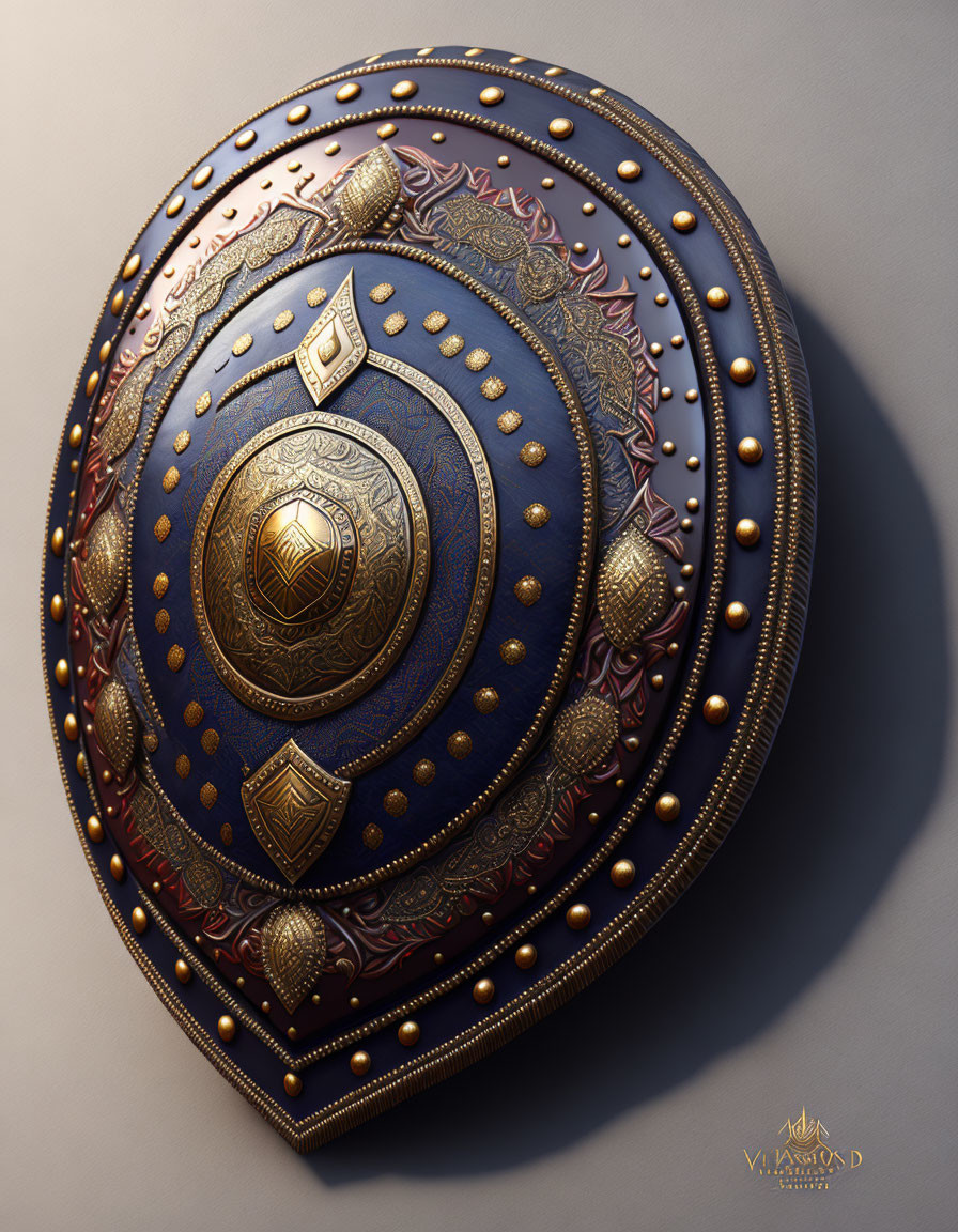 Medieval shield with blue, gold, and deep red colors and intricate embossing