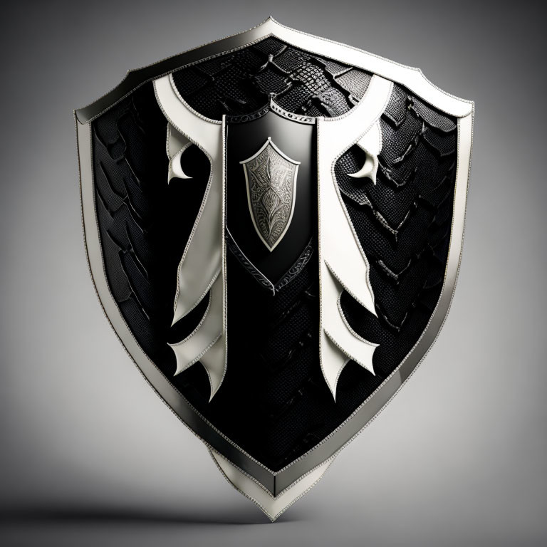 Stylized black and white shield with emblem on textured background