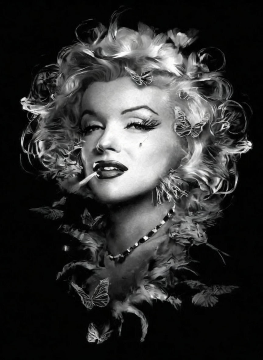 Monochrome photo of woman with curly hair, butterflies, cigarette, and pearl necklace