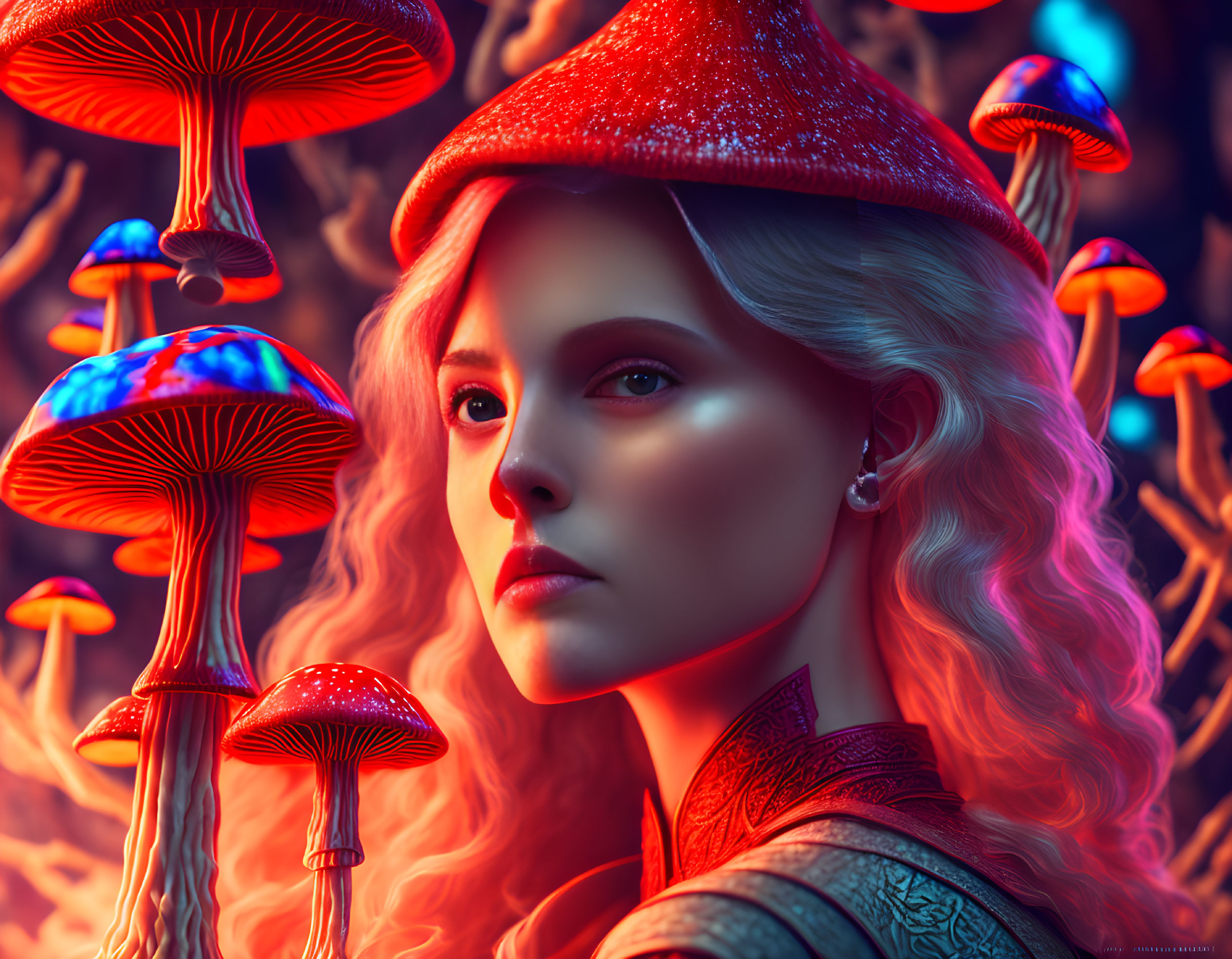 Digital artwork: Glowing woman with neon mushrooms in enchanted forest