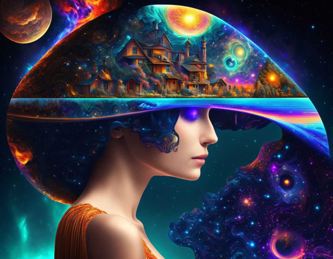 Surreal portrait merging woman's profile with cosmic galaxy and village