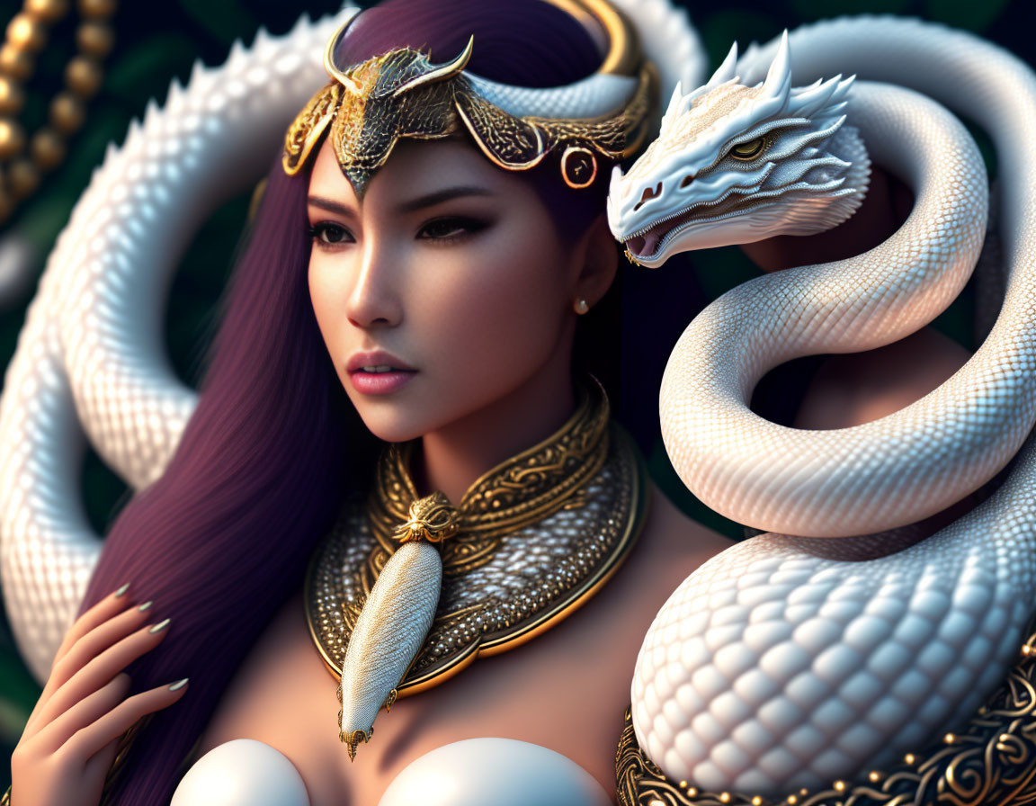Fantasy portrait: Woman with purple hair, golden jewelry, and white dragon.