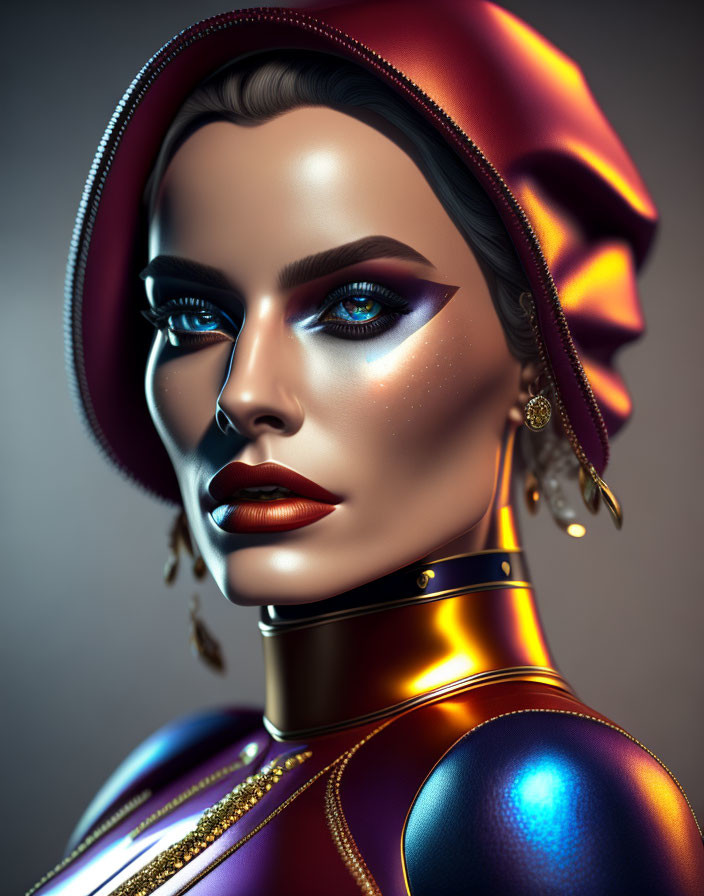 Digital art portrait of woman in futuristic red and purple outfit