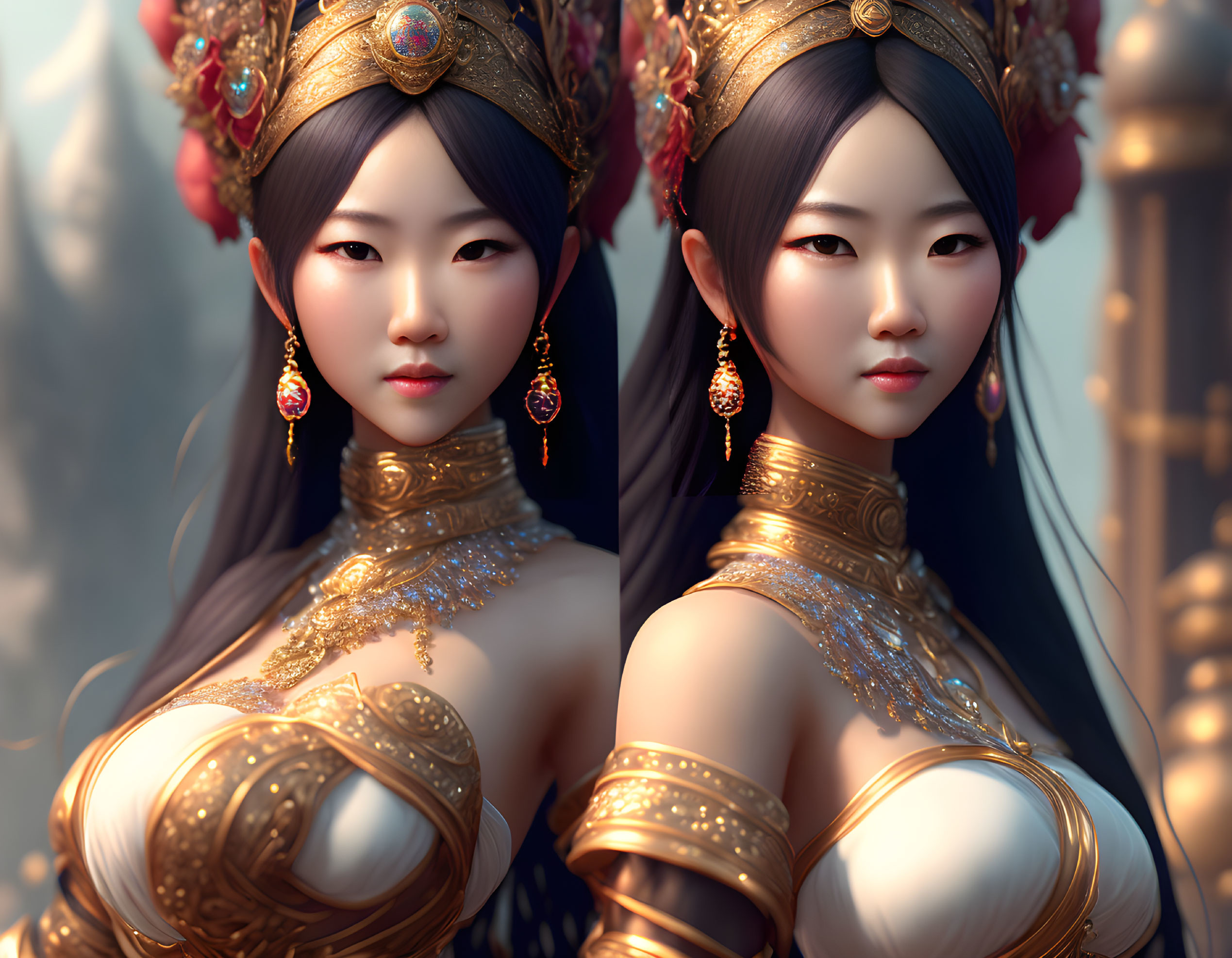 Traditional Asian-inspired woman in ornate gold attire and jewelry.