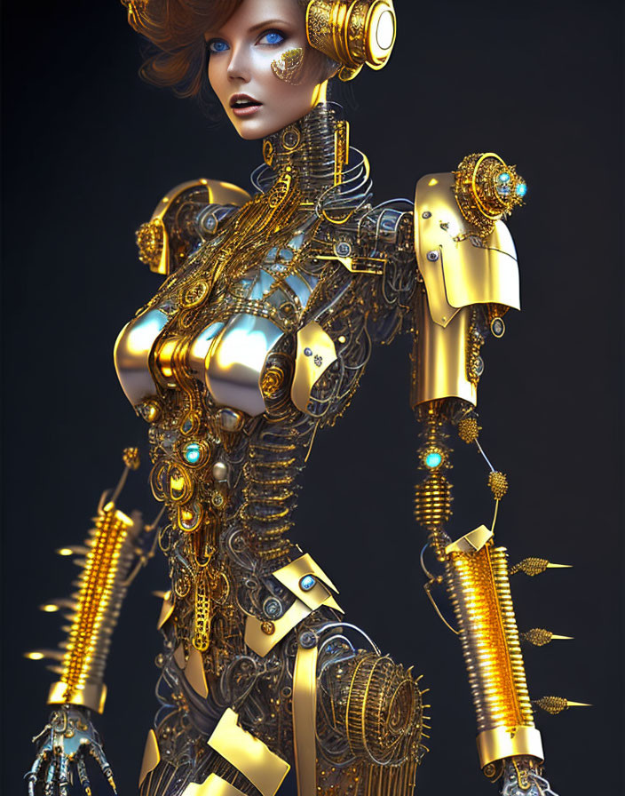 Futuristic female android with gold metallic body and mechanical joints