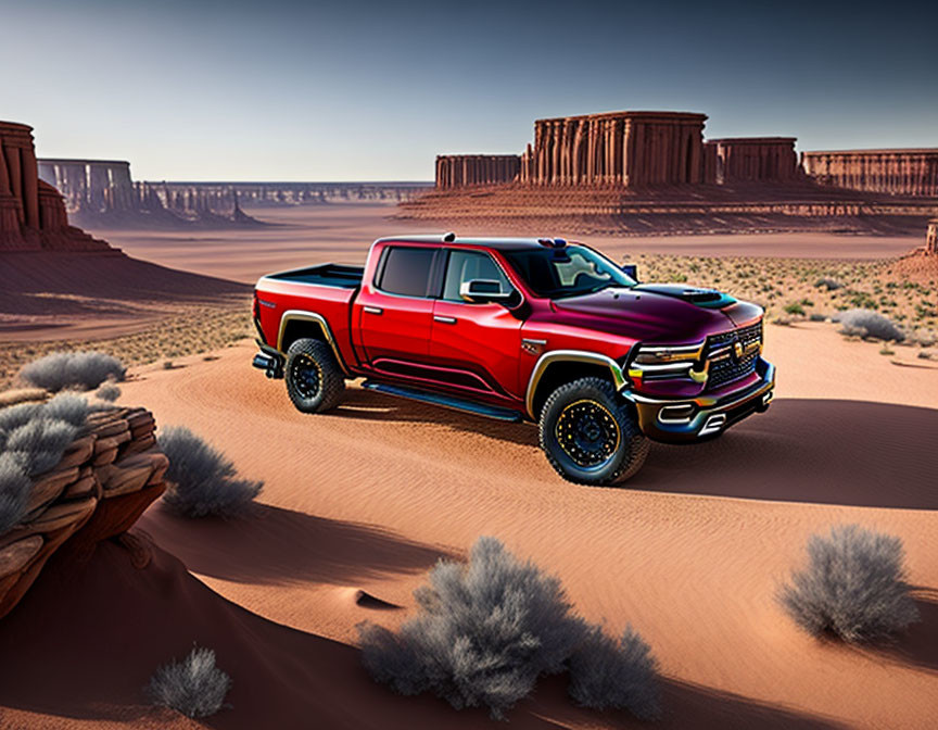 Red Pickup Truck Parked in Desert Landscape