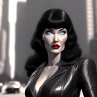 Stylized 3D illustration of woman with black hair in dark outfit with skyscrapers