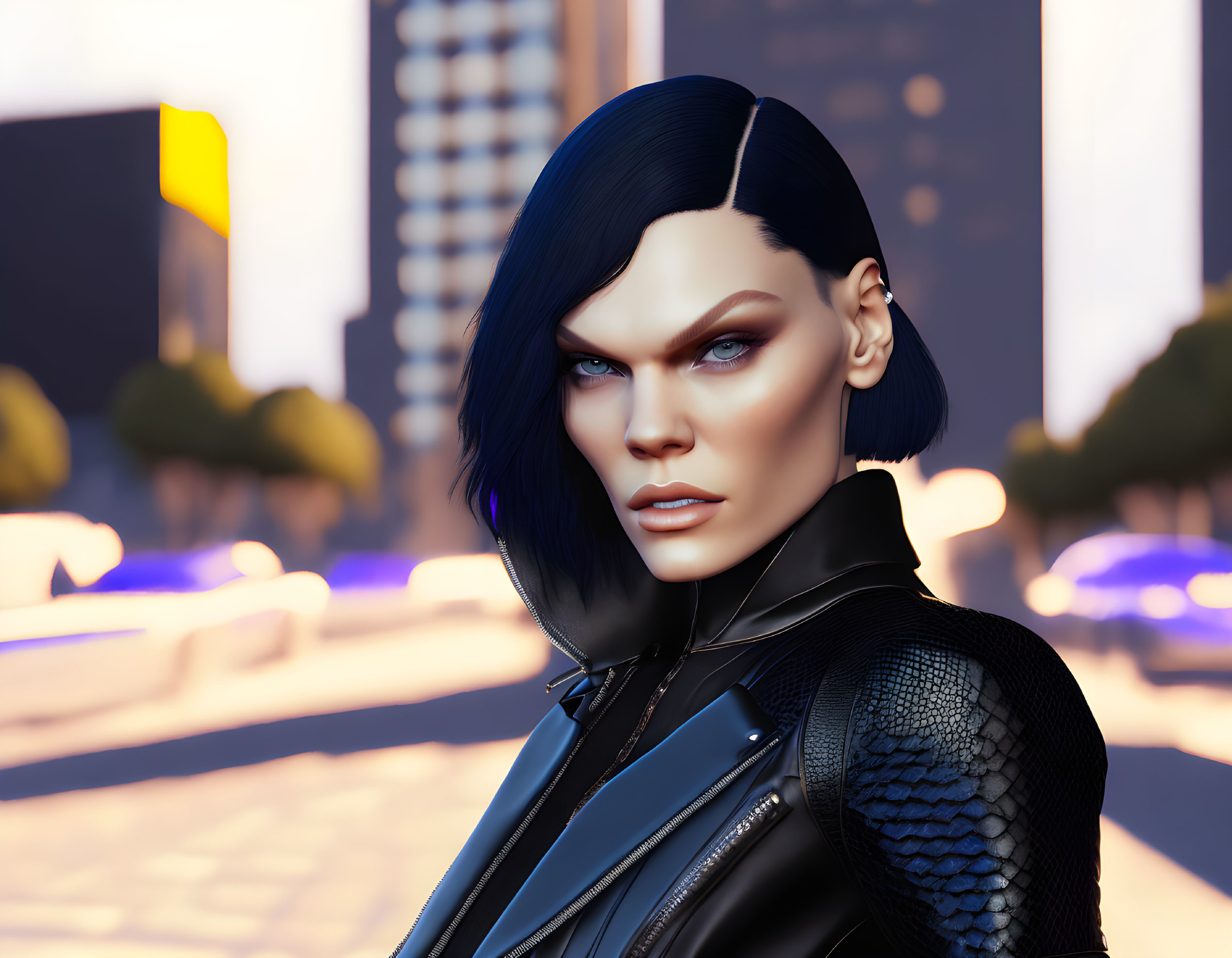 Detailed 3D illustration of woman with sharp features and blue eyes in black leather outfit