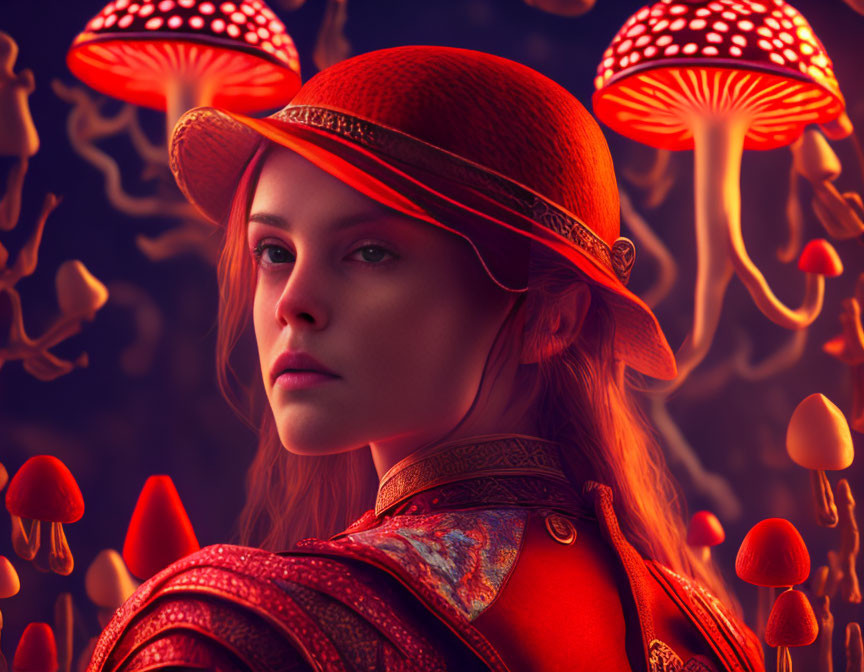 Woman in Red Hat and Jacket Surrounded by Glowing Mushrooms
