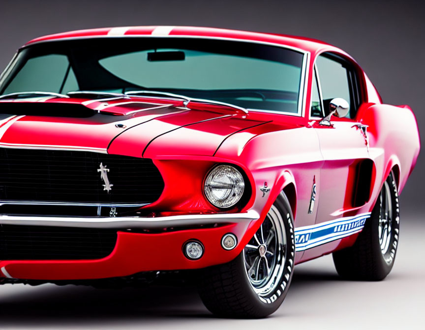 Vintage Red and Black Mustang Car with White Stripes and Open Door