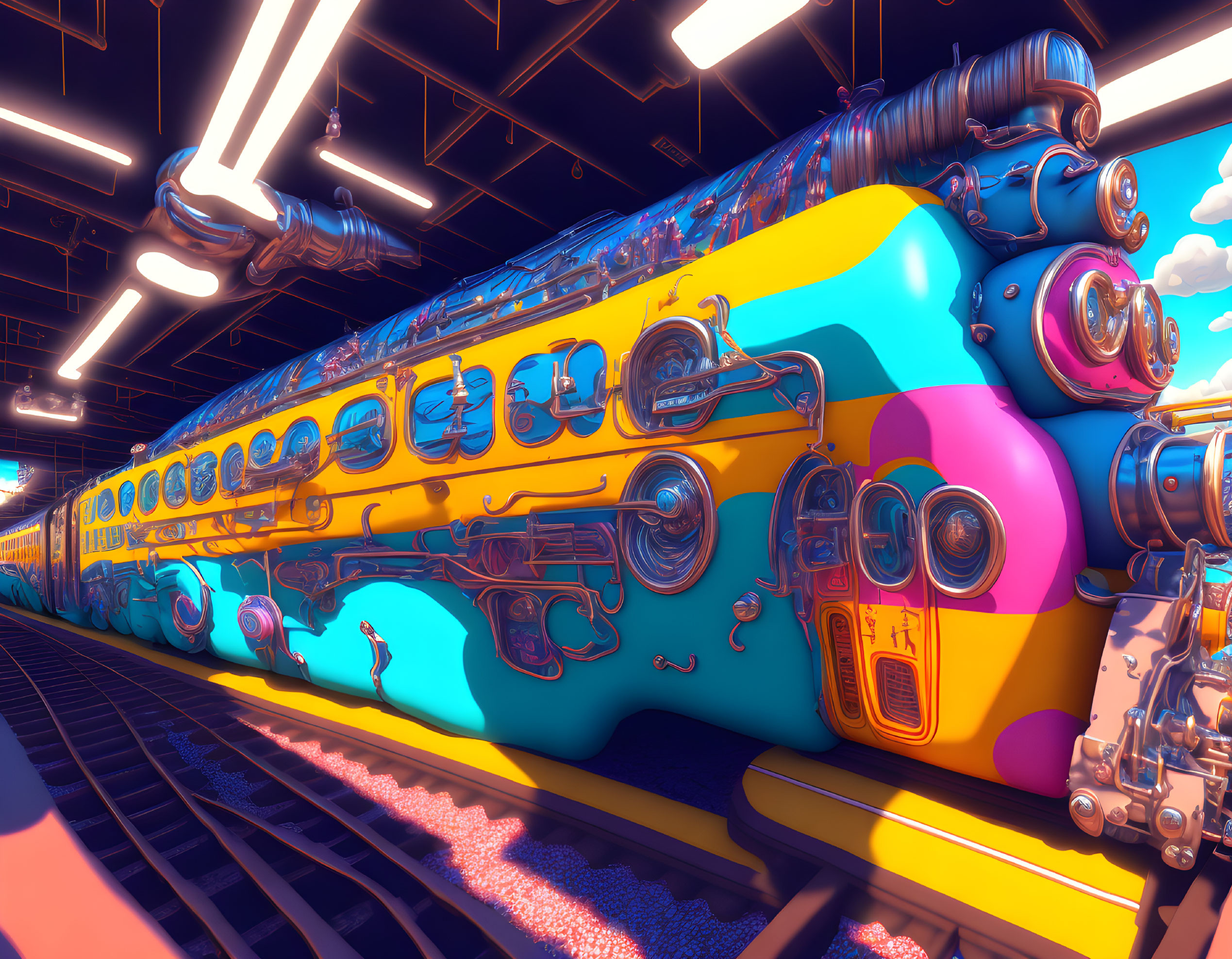 Futuristic train with neon lights in stylized station