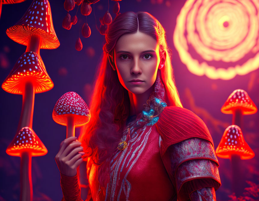 Woman in Red Fantasy Attire Surrounded by Glowing Mushrooms