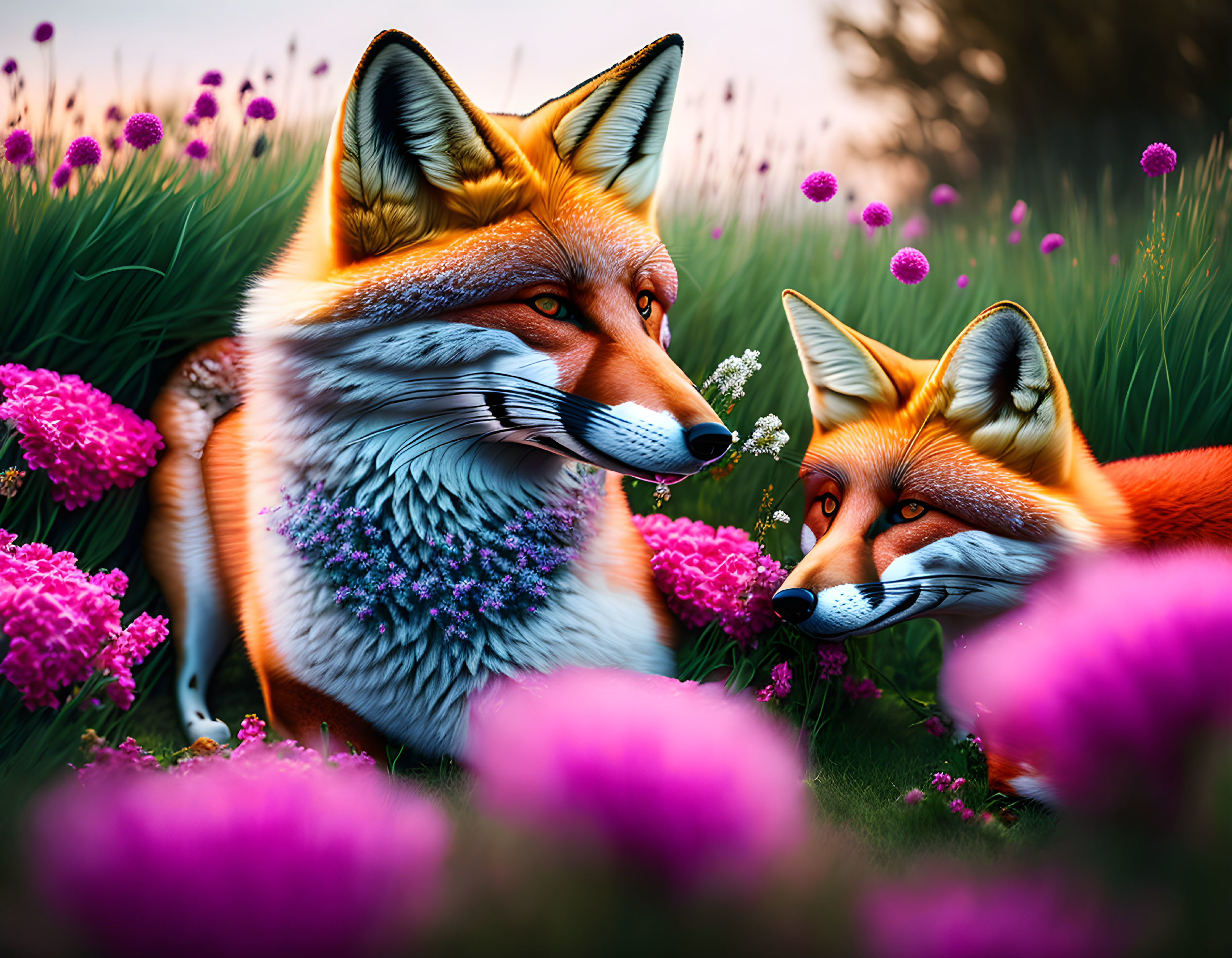 Detailed Anthropomorphized Foxes in Vibrant Floral Field