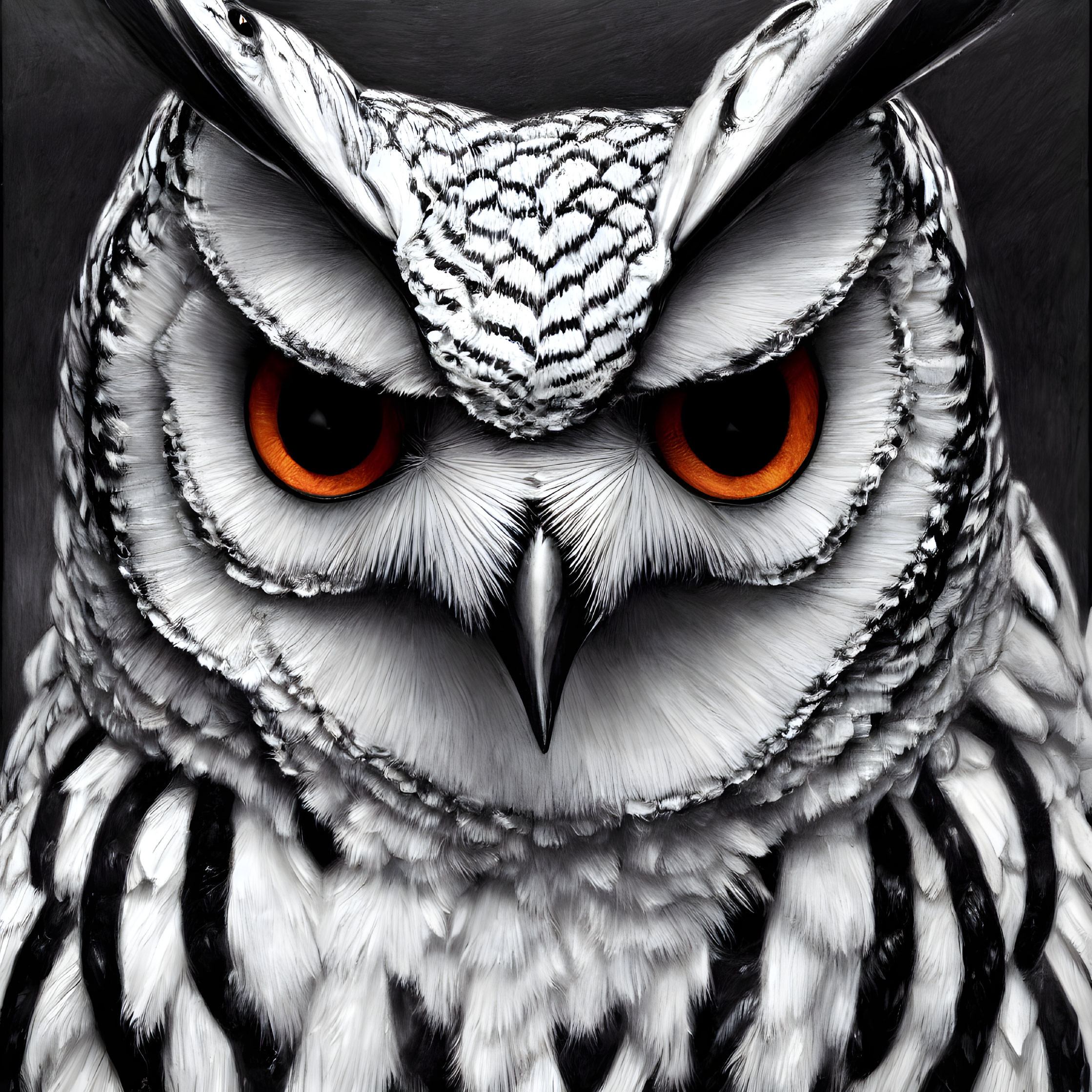 Detailed Owl Illustration with Striking Orange Eyes and Feather Patterns