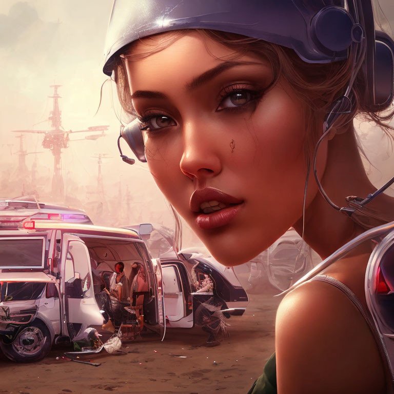 Futuristic digital artwork of woman with helmet in apocalyptic setting