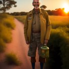 Elderly man at sunset with bottle, tent, and dog bowl