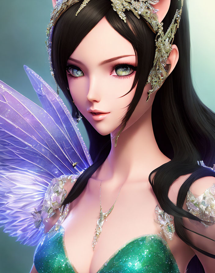 Fantasy fairy with iridescent wings and green dress