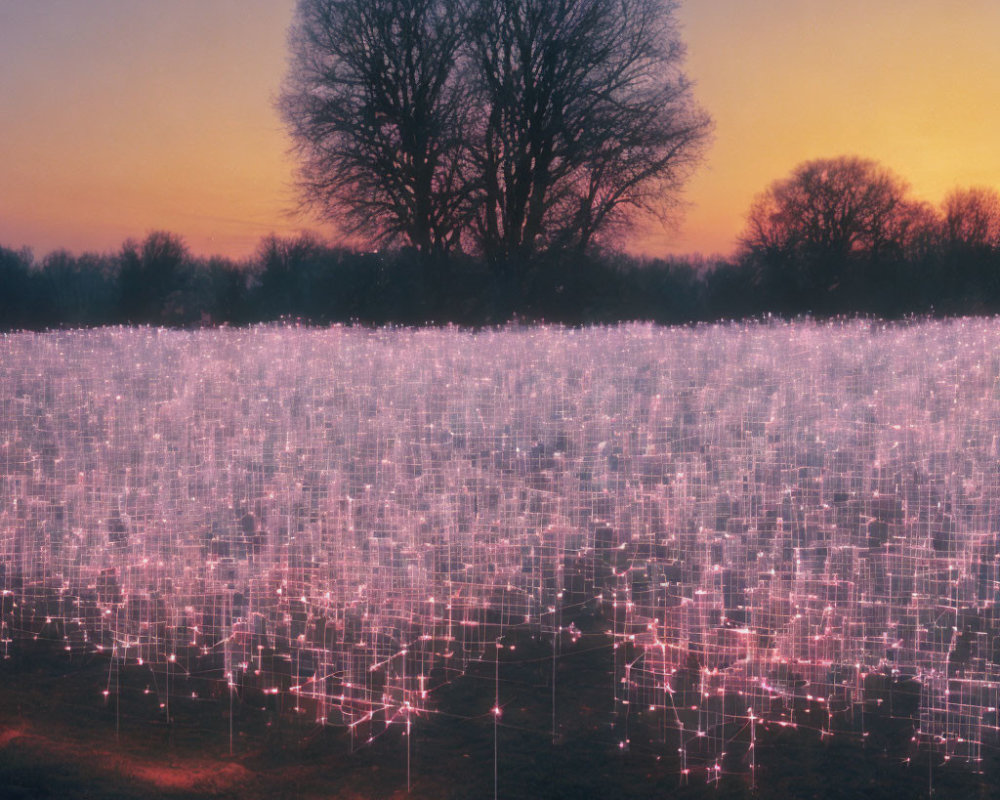 Twilight scene: Fiber optic lights in field with silhouetted trees