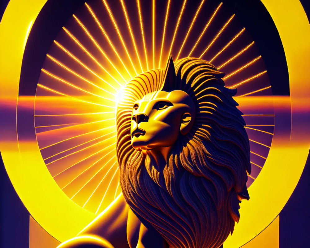 Stylized lion's head with woman's face in golden and purple colors
