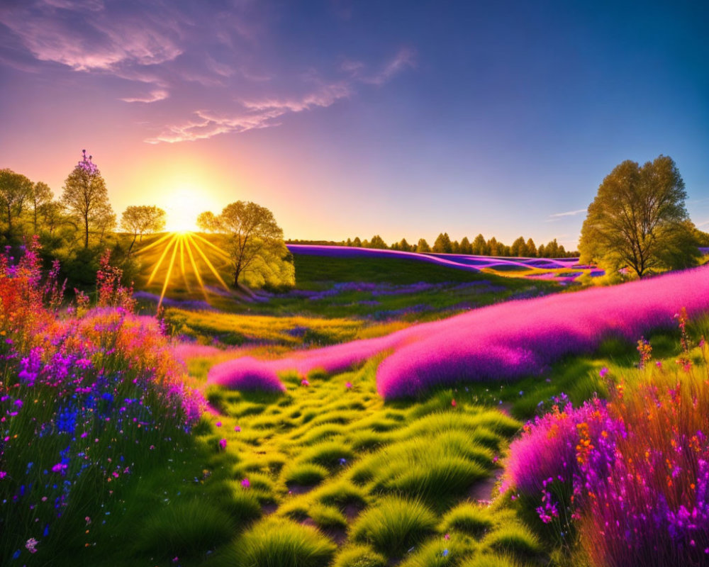 Scenic sunset over purple flower fields and green landscape