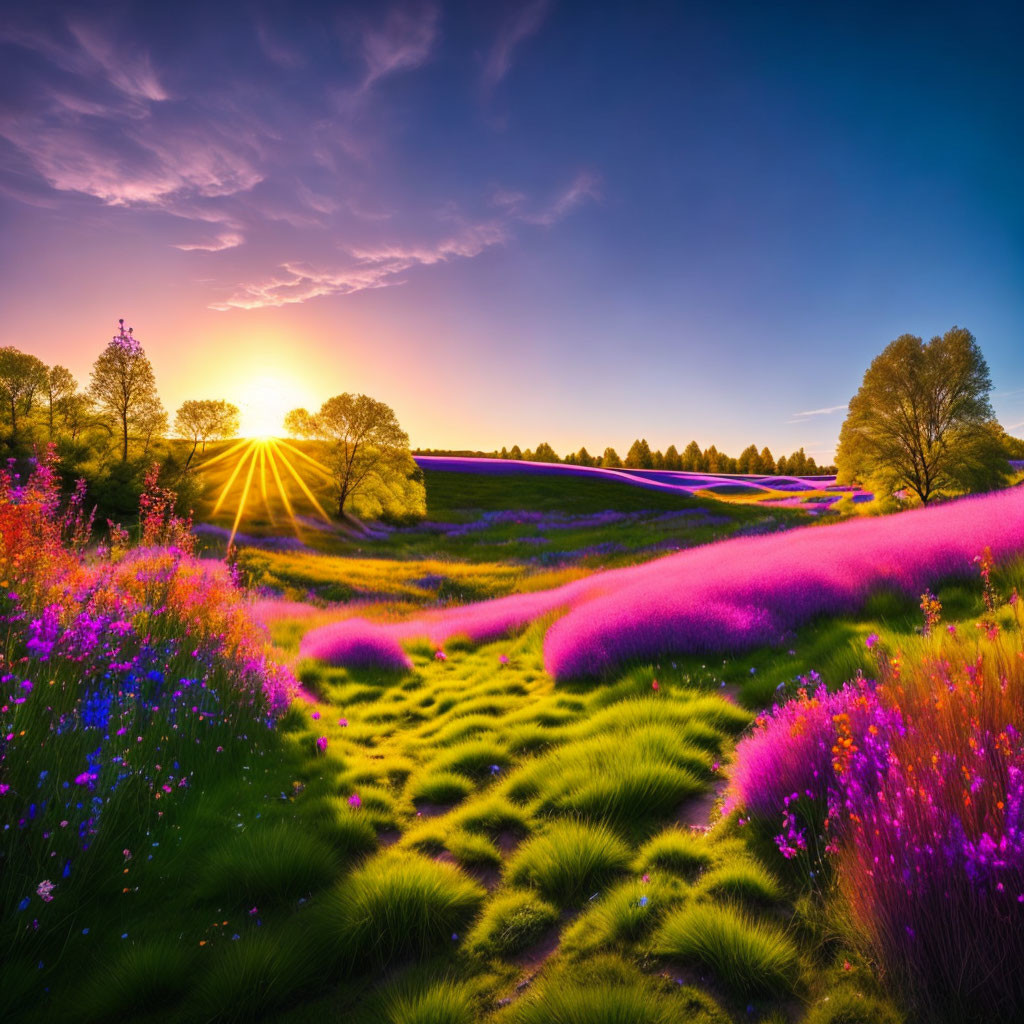 Scenic sunset over purple flower fields and green landscape