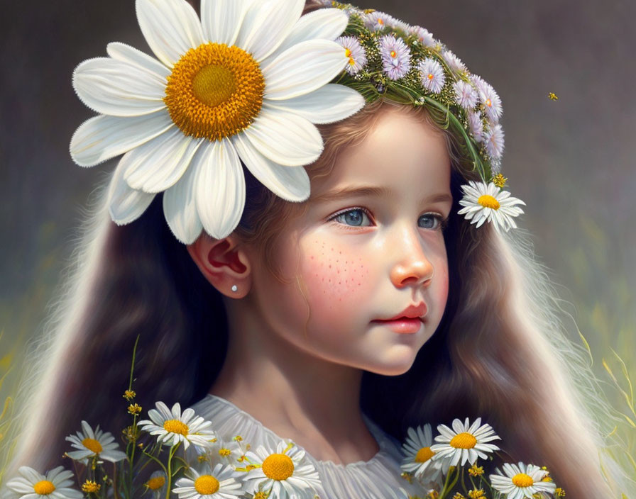Young girl with daisy crown and freckles in serene portrait