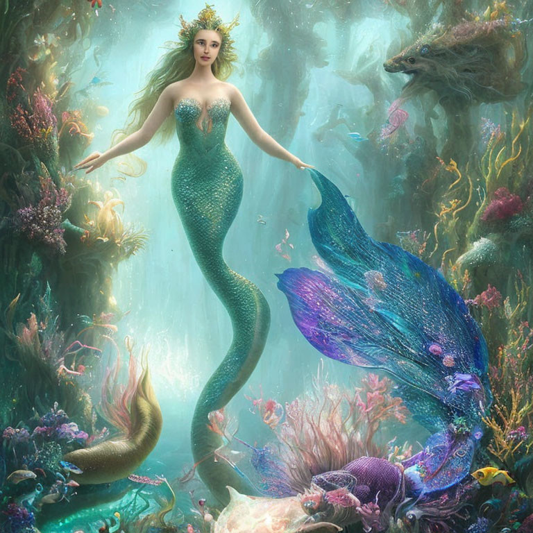 Shimmering green-tailed mermaid among marine life and mystical creature