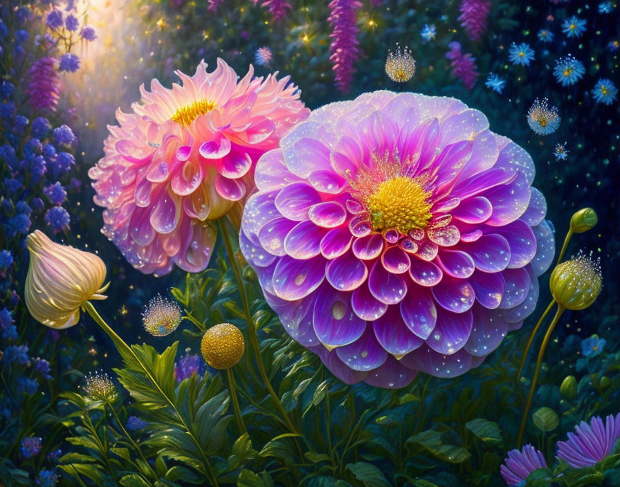 Colorful painting of purple and pink flowers with dewdrops in a magical garden scene